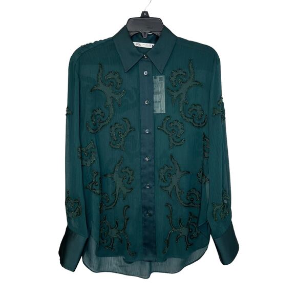 Zara Semi-Sheer Collared Button-Up Blouse Tonal Bead Applique Forest Green Small - Picture 10 of 14